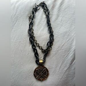 Vintage-Inspired French Kande Black and Antique Gold Pendant Necklace